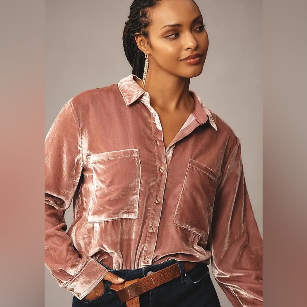 Maeve by Anthropologie Karina Blush Pink Velvet Button Up Long Sleeve (Size 4)